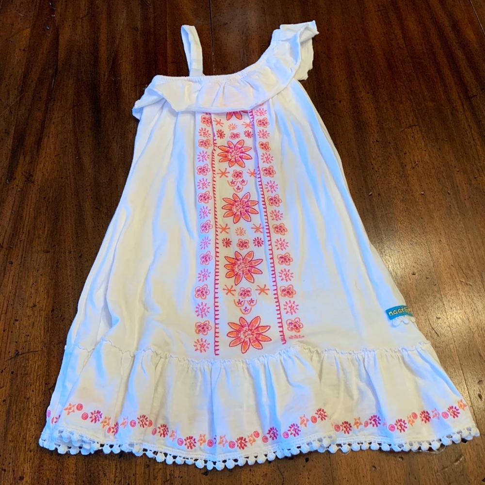 White dress w/pink embroidery & white Pom trim